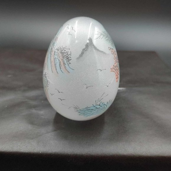 Vintage Reverse Hand Painted Glass Egg Japanese Scene Mountain Tree - No Stand - Picture 5 of 9